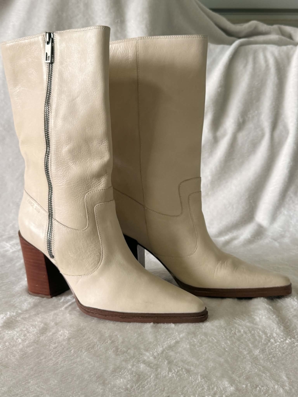 Franco Sarto Cream Leather Mid-Calf Block Heel Boots